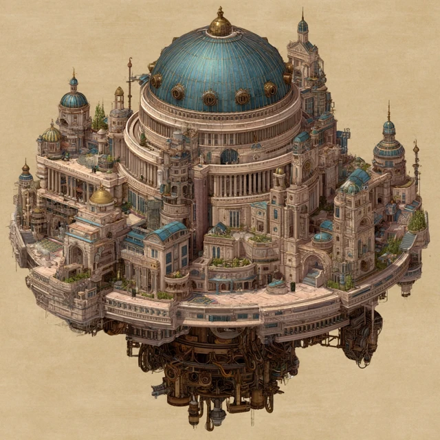 Floating City in Ancient Greek and Steampunk Style