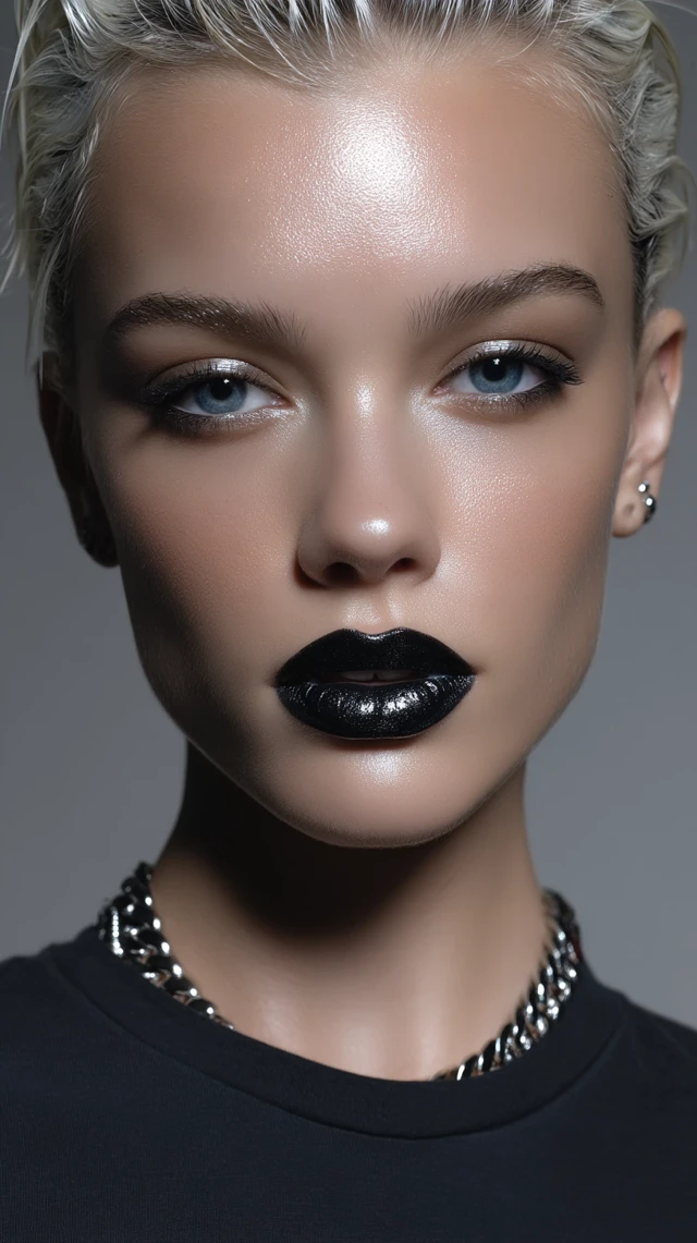 Edgy Dior Fashion Model with Black Lip Gloss