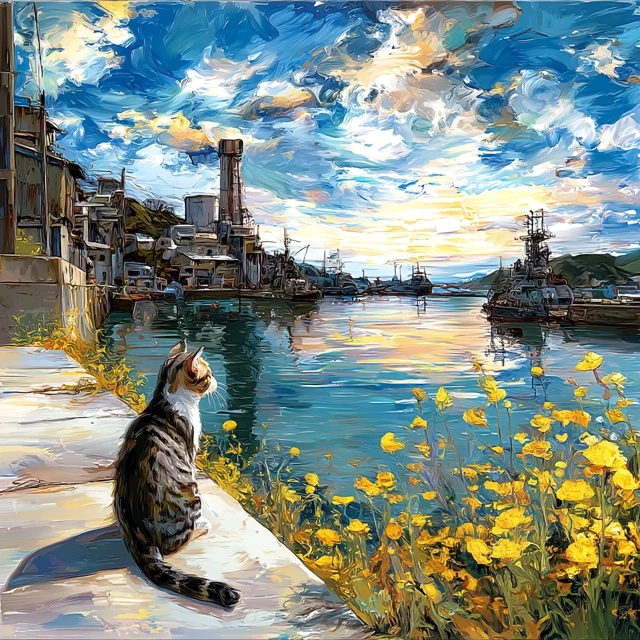 Sunrise Cat Onomichi Waterfront Painting