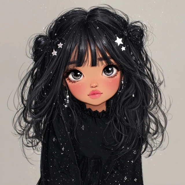 Cute Anime Girl with Black Hair and Star Hair Clips