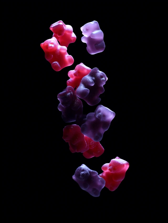 Gummy Bears Falling Down Red Purple Black Background