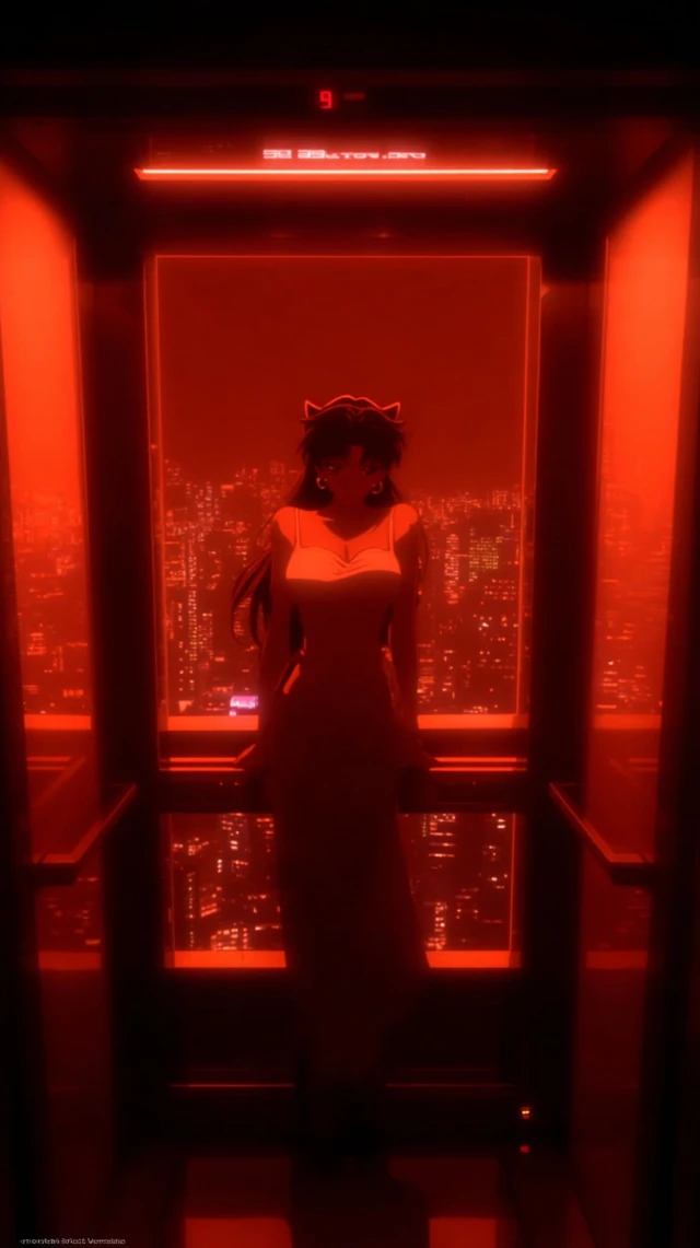 Anime Girl in Red Elevator at Night