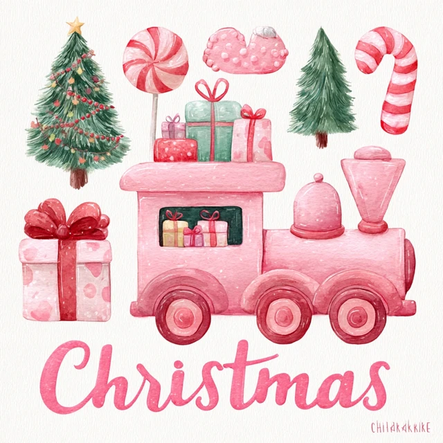 Christmas Watercolor Train Gifts Candy Canes