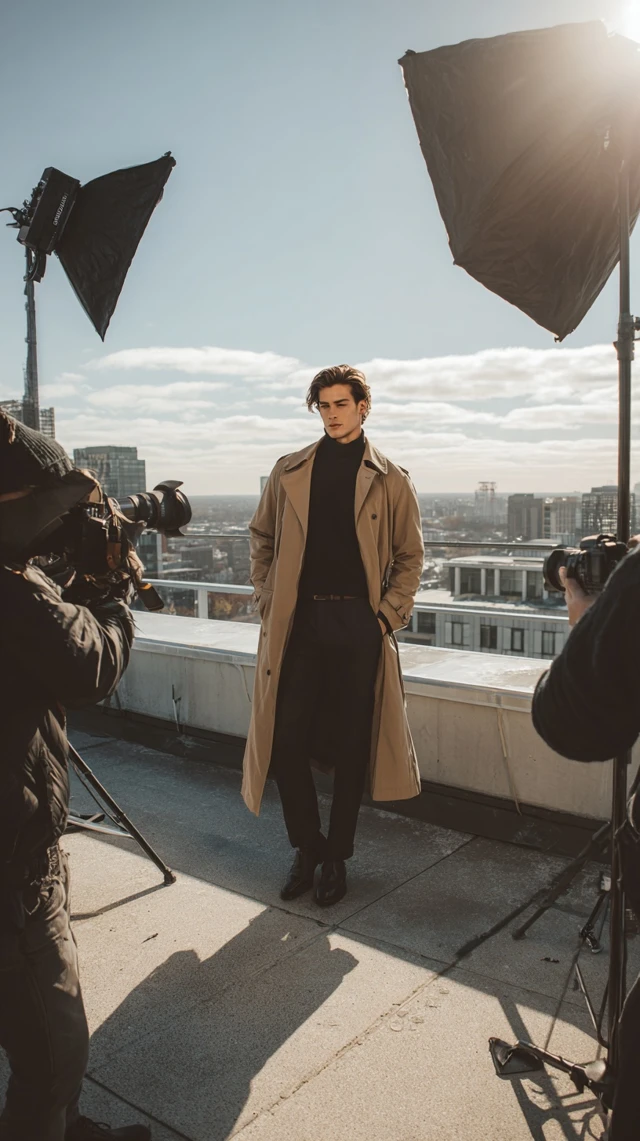 Stylish Man in Trench Coat Rooftop Photoshoot