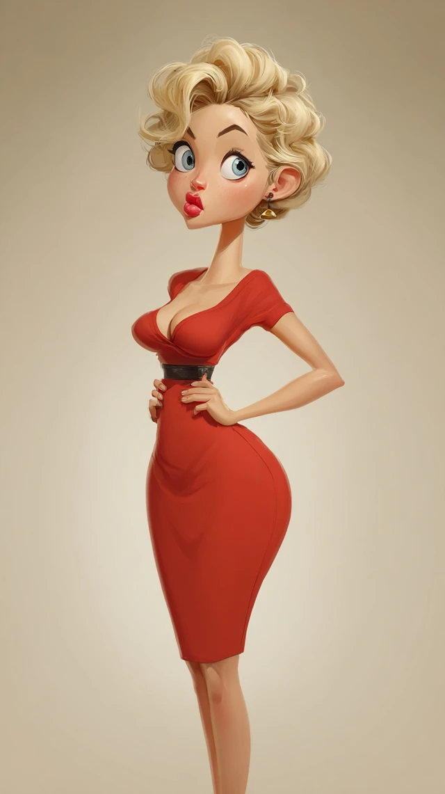 3D Cartoon Woman in Red Dress Glamour