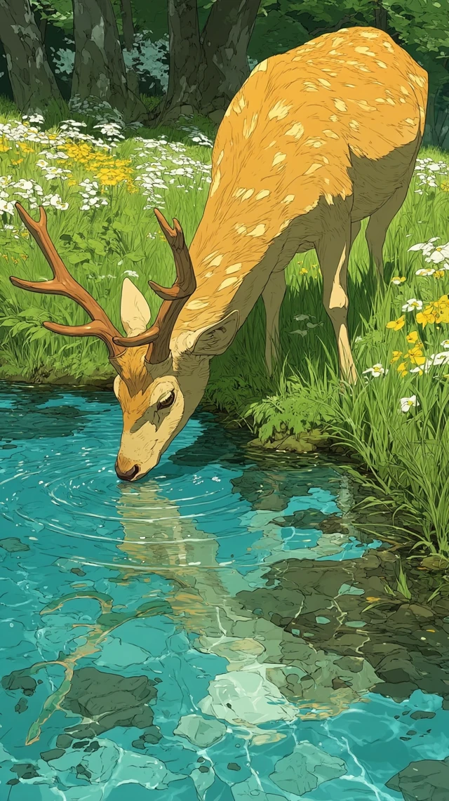 Anime Deer Drinking from Stream