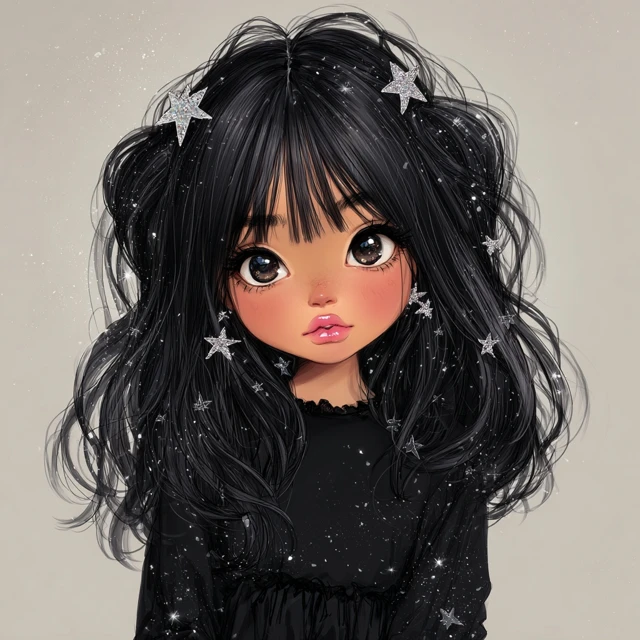 Cute Anime Girl with Black Hair and Star Hair Clips