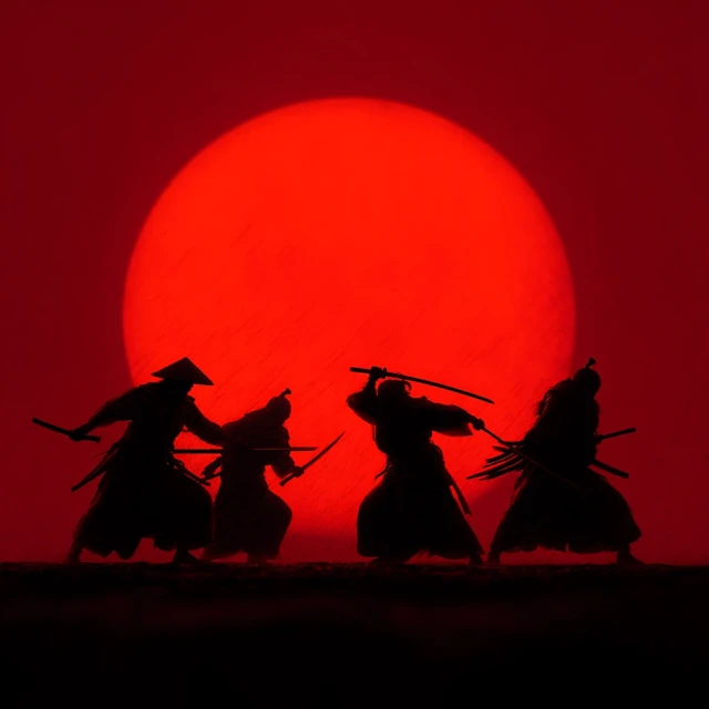 Samurai Battle Silhouette Red Moon Anime Style