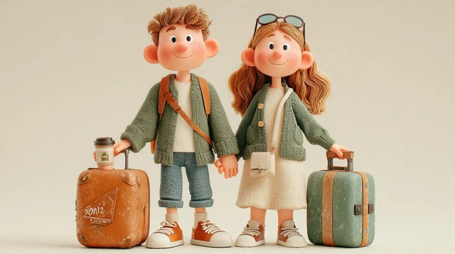 3D Cartoon Couple Traveling With Suitcases