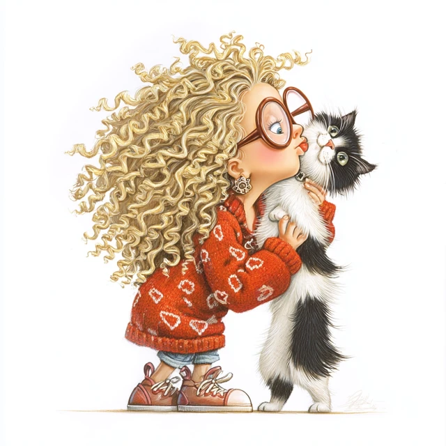 Girl and Cat Caricature Josh Kirby Art