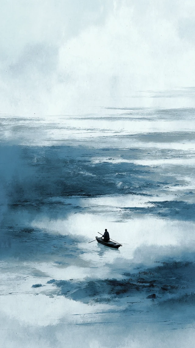 Chinese Ink Painting Ocean Boat and Scholar Song Dynasty