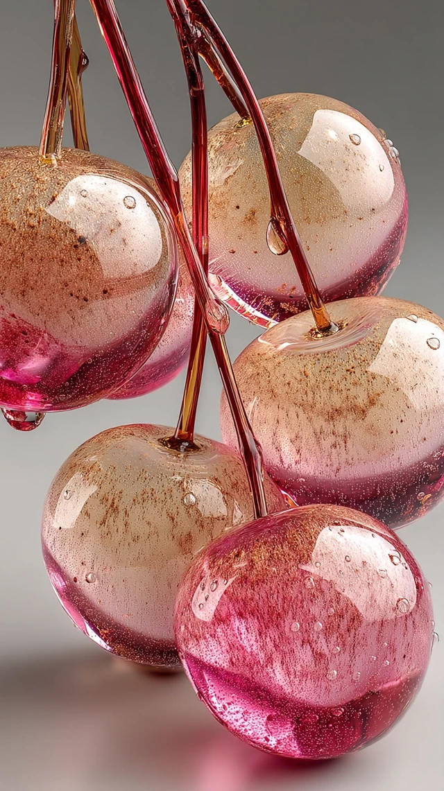 Glass Peaches: Photorealistic Macro Shot with Dewdrops