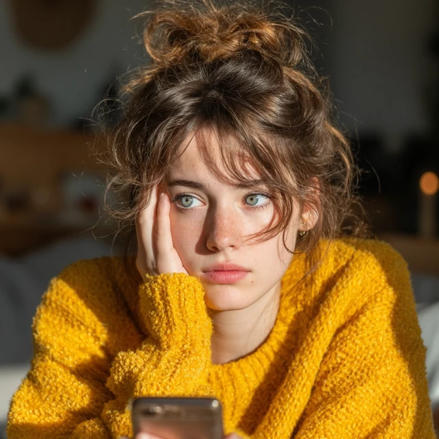 Girl Listening to Voice Message in Fright Real Photo