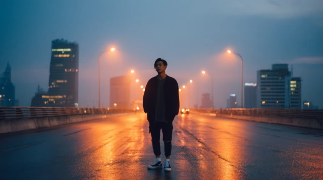 Thai Man Standing Alone on Bridge in Bangkok
