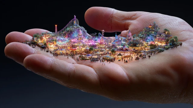 Miniature Theme Park in Hand Surreal Illustration