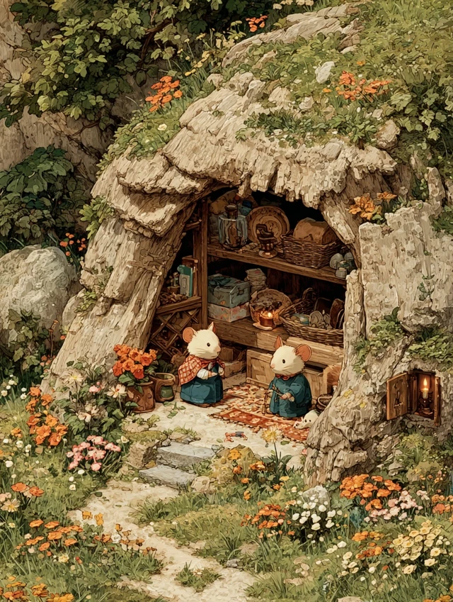 Cozy Mouse House in a Hollow Tree Storybook Illustration