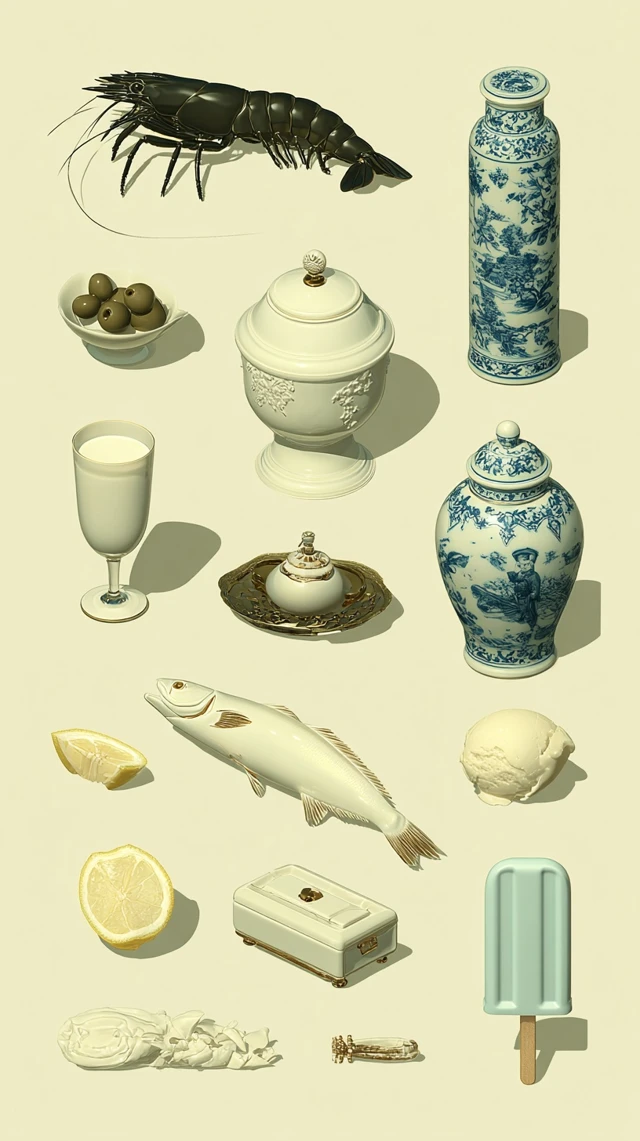 Porcelain Still Life with Food and Ornaments