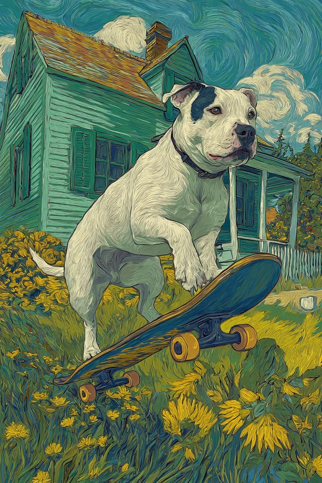 Pitbull Dog on Skateboard Van Gogh Style