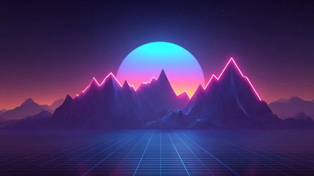 Synthwave Landscape with Neon Mountains and Glowing Sun