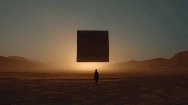 Woman in Desert Under Cube Minimalist Photography