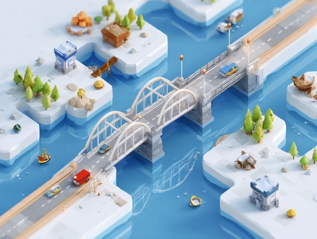Isometric Game Design Cross River Bridge 3D Rendering
