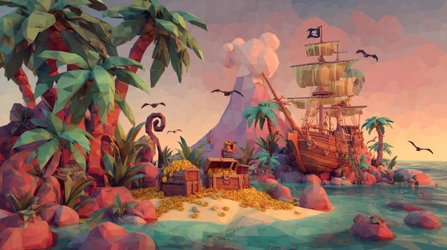 3D Treasure Island Adventure Pirate Ship Gold Coins