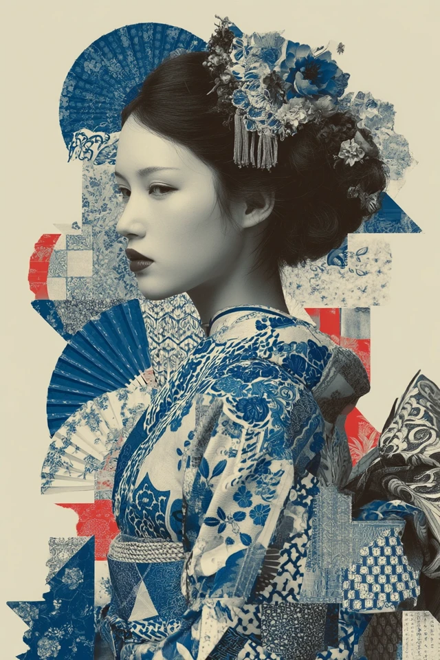 Japanese Female Collage Blue and White Art