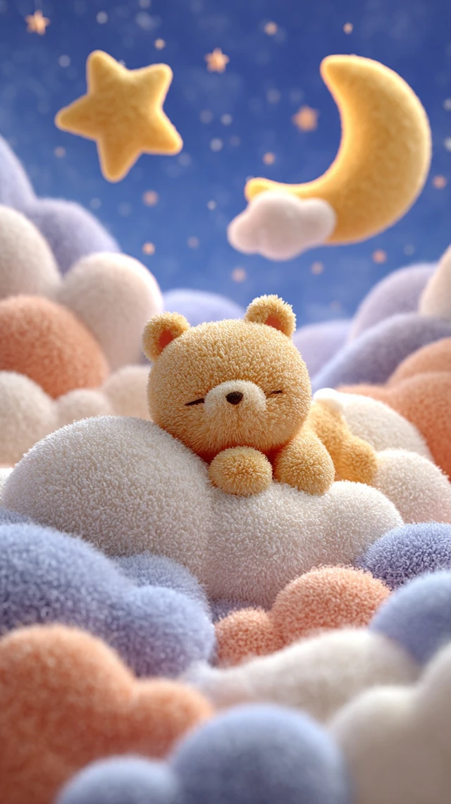 Cute Bear Sleeping on Clouds Space Cartoon