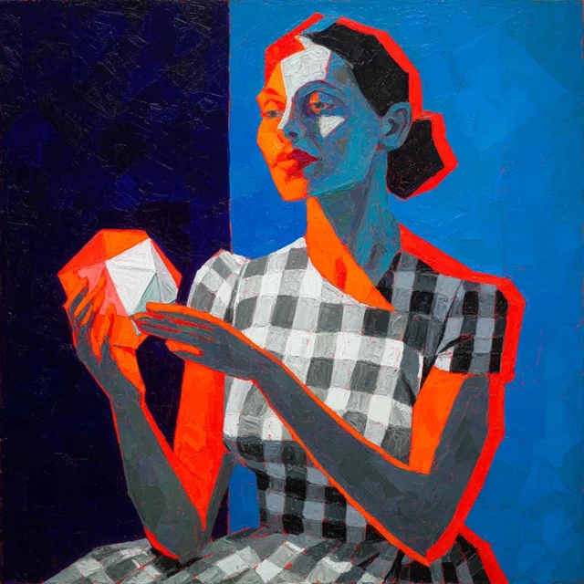 Cubist Painting of Hispanic Woman with Tetrahedron