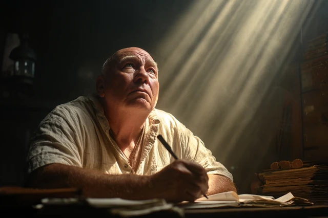 Man Writing with Our Lady Above Photo Realistic