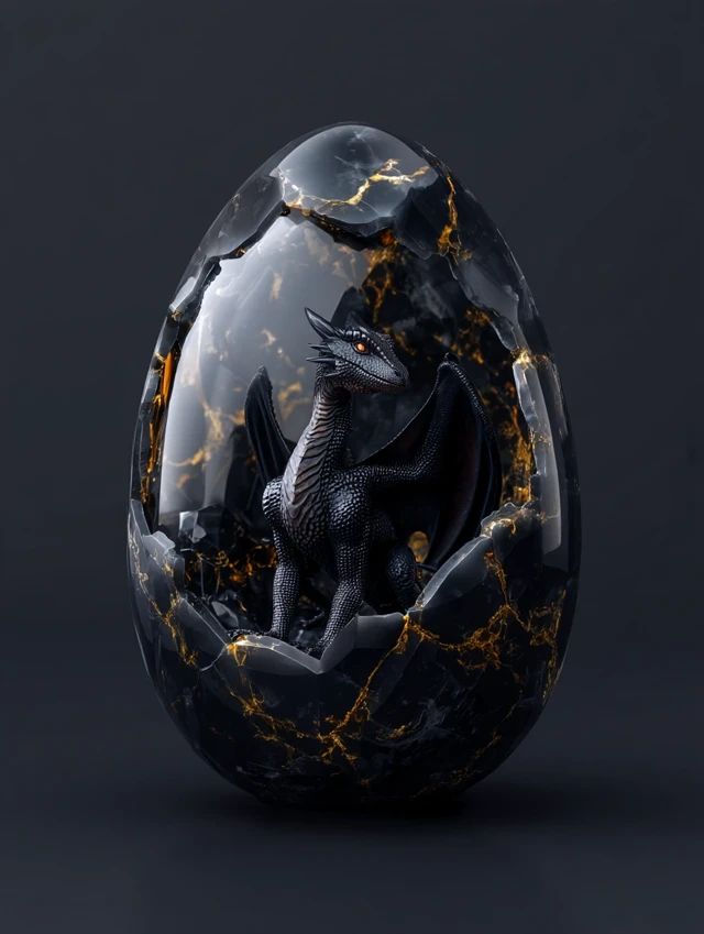 Black Dragon in Obsidian Crystal Egg