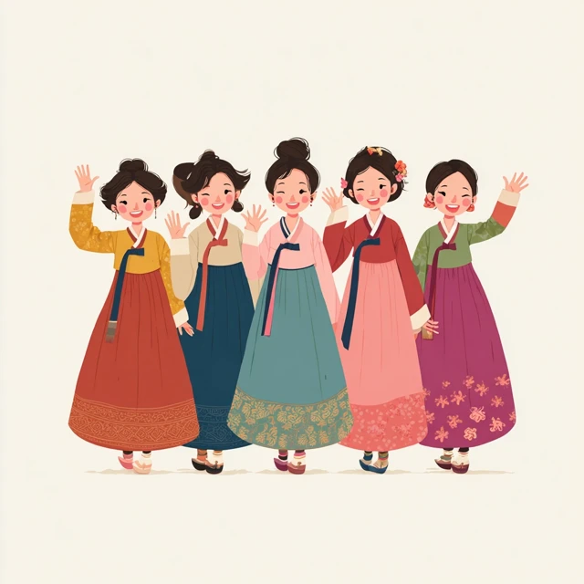 Korean Girls in Hanbok Greeting