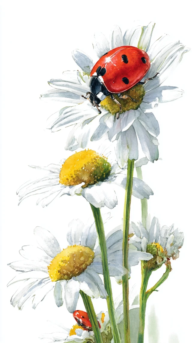 Ladybug on Daisies Watercolor Illustration