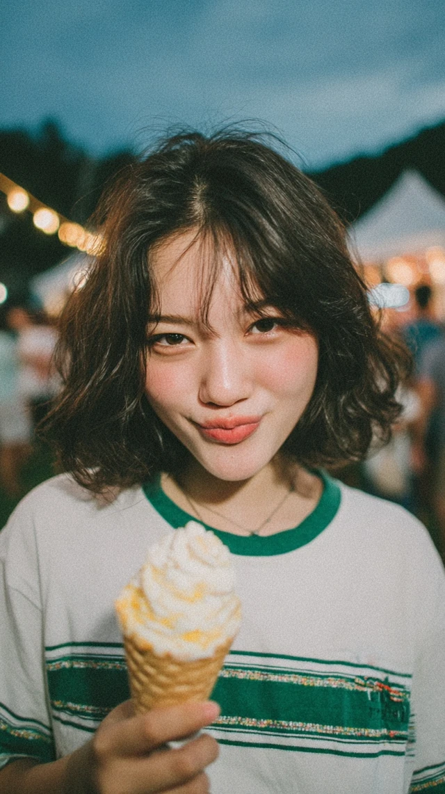 Young Woman With Ice Cream In Park