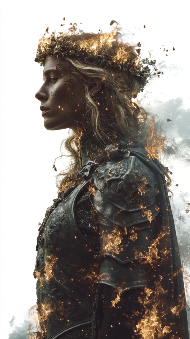 Warrior Queen in Armor Fire and Smoke Portrait