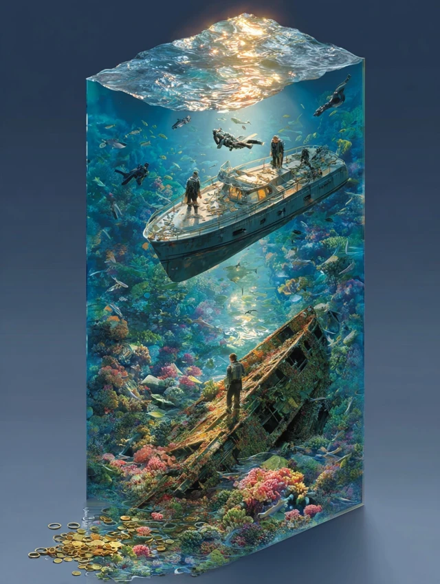 Underwater Isometric Scene Treasure Boat and Divers