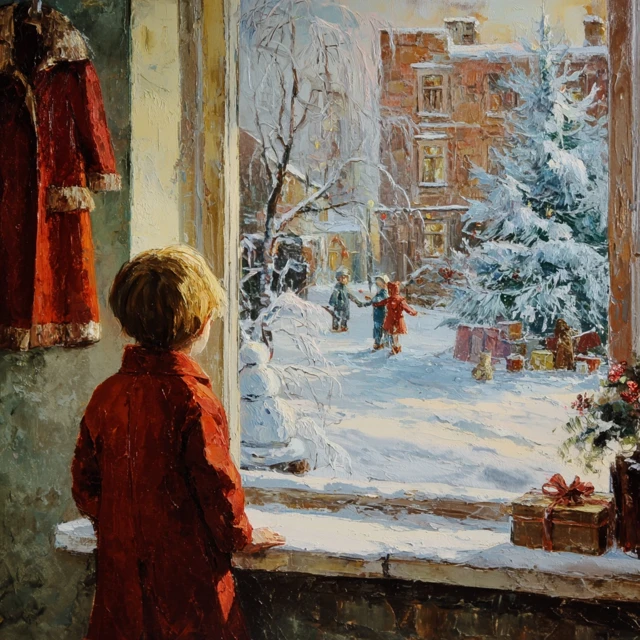 Christmas Scene Child Looking Out Window