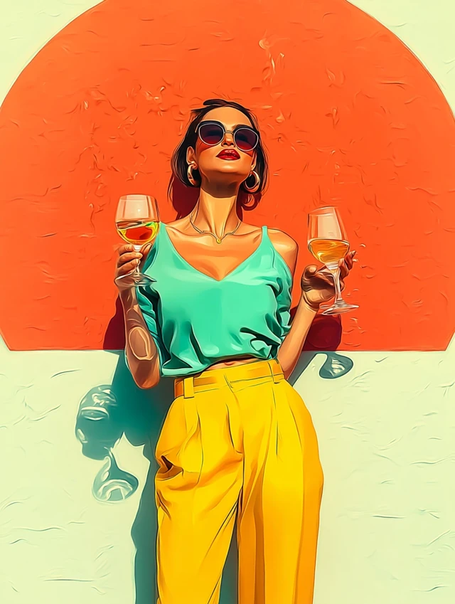 Elegant Woman with Wine Sunglasses Poster Illustration