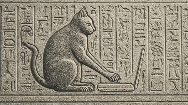 Hieroglyphic Cat Typing on a Laptop