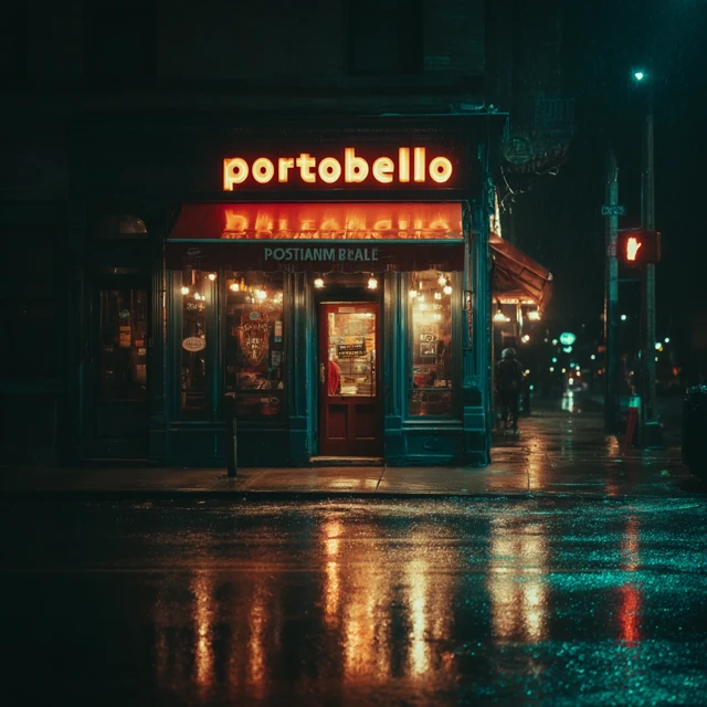 Portobello Restaurant at Night Reflections on Wet Asphalt