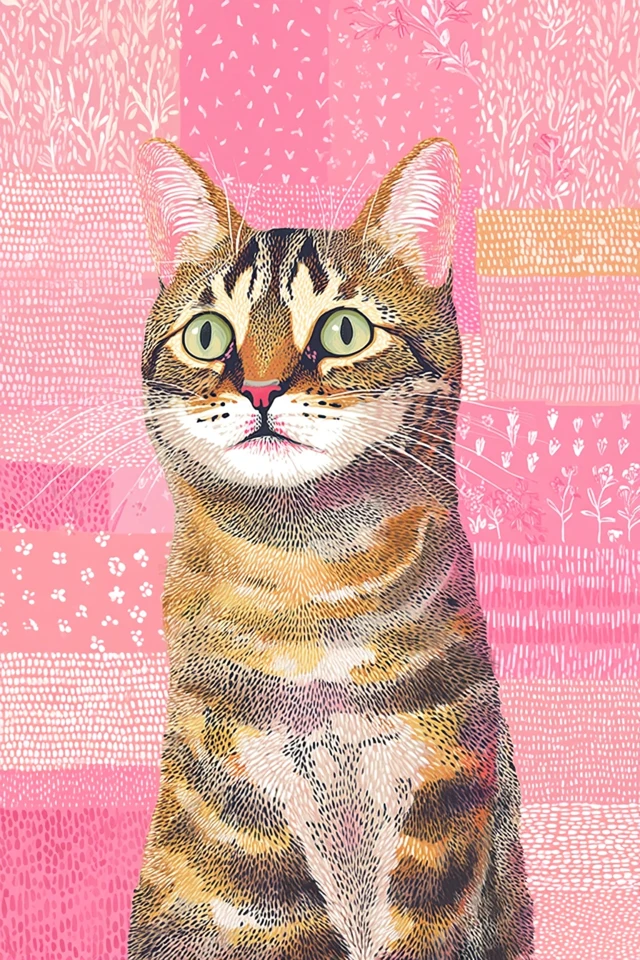 Happy Tabby Cat Folk Art Illustration