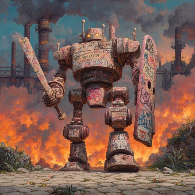 Postapocalyptic Robot Warrior Oil Painting