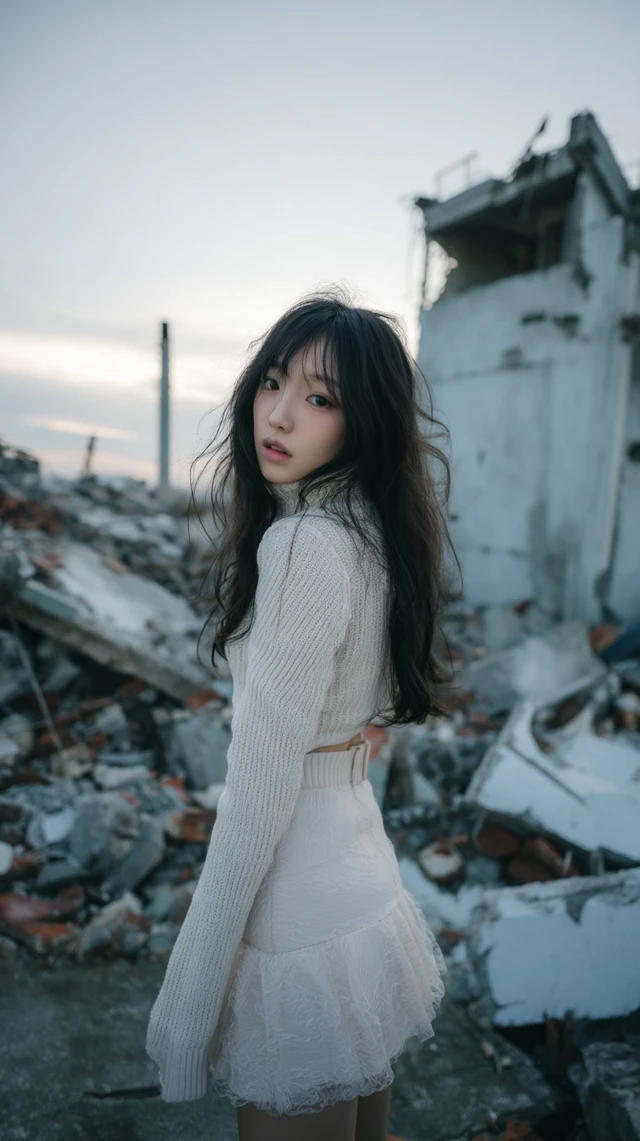 Girl in Ruined City Long Hair Perfect Body