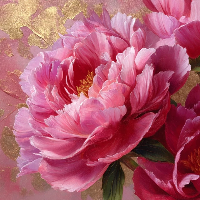 Peony Painting Close Up Pink and Gold Details