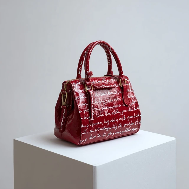 Red Handbag with White Writing on Plinth