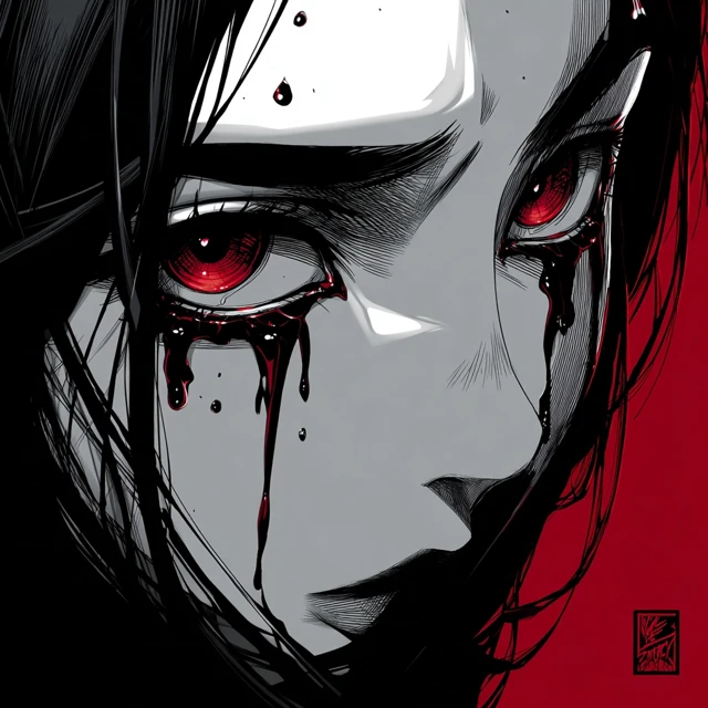 Horror Manga Portrait Red Eyes Black Liquid