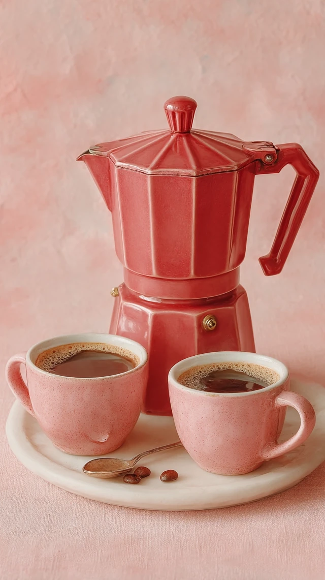 Red Moka Pot with Coffee Cups Photography