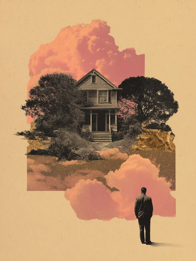 Surreal House Collage with Man Vintage Aesthetic