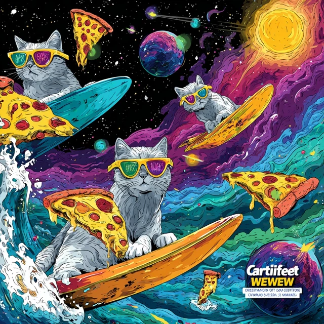 Cats Surfing Pizza in Space Fun Colorful Art