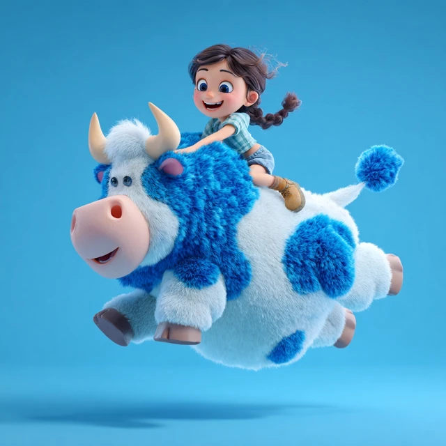 Girl Riding Fluffy Cow 3D Cartoon
